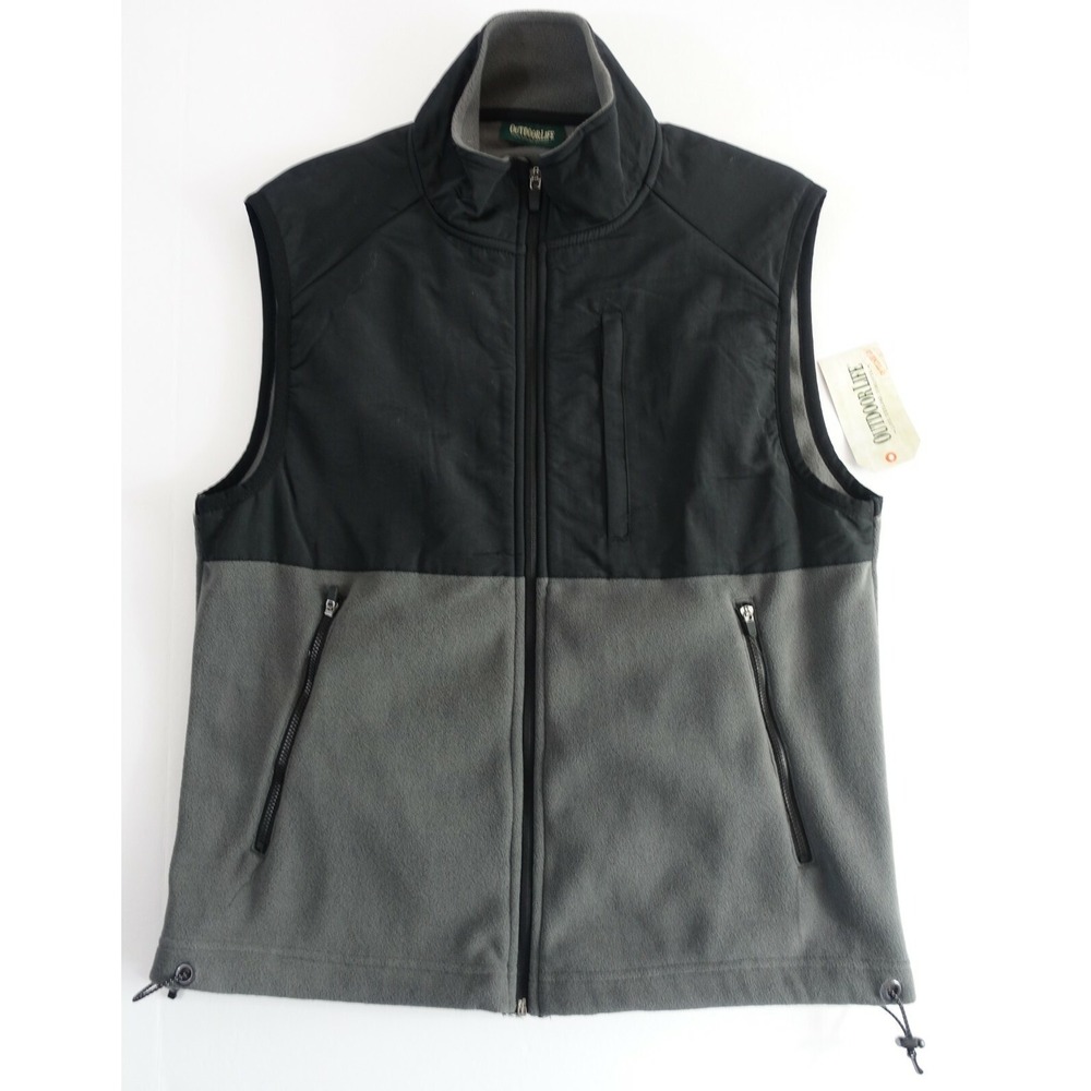 Outdoor Life Fleece Vest Men Small Gray zippered pockets Anti Pilling Black Gray